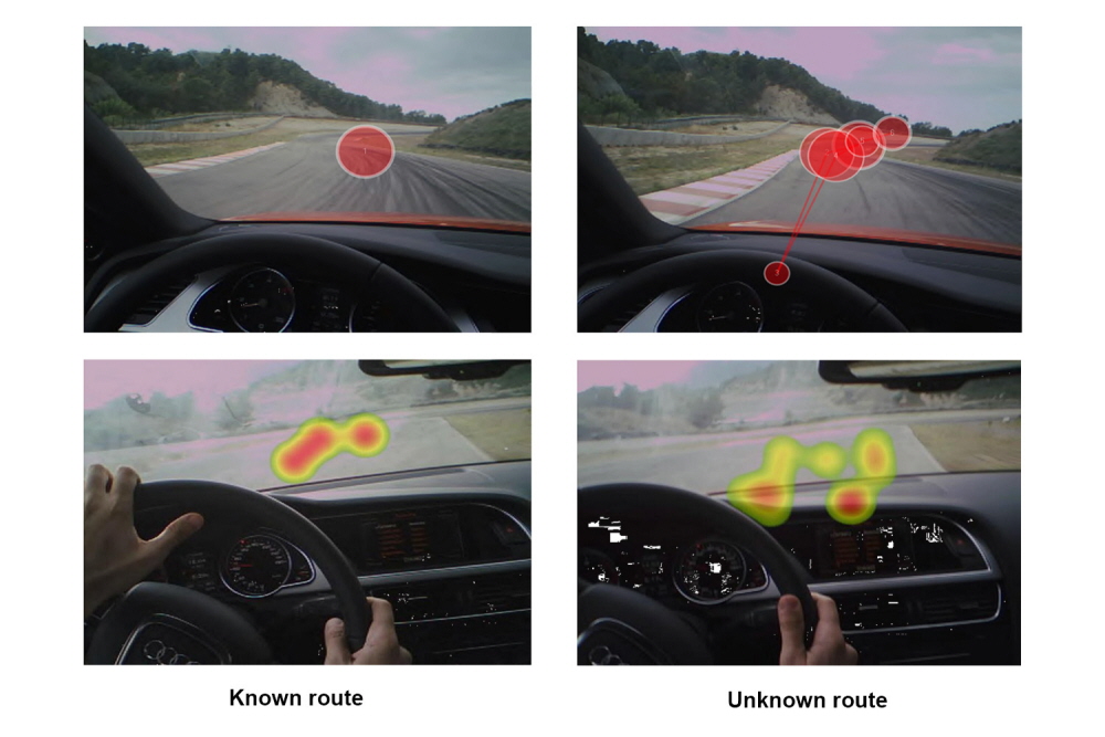 Gaze plots and heat maps illustrating attention pattern while driving a car.